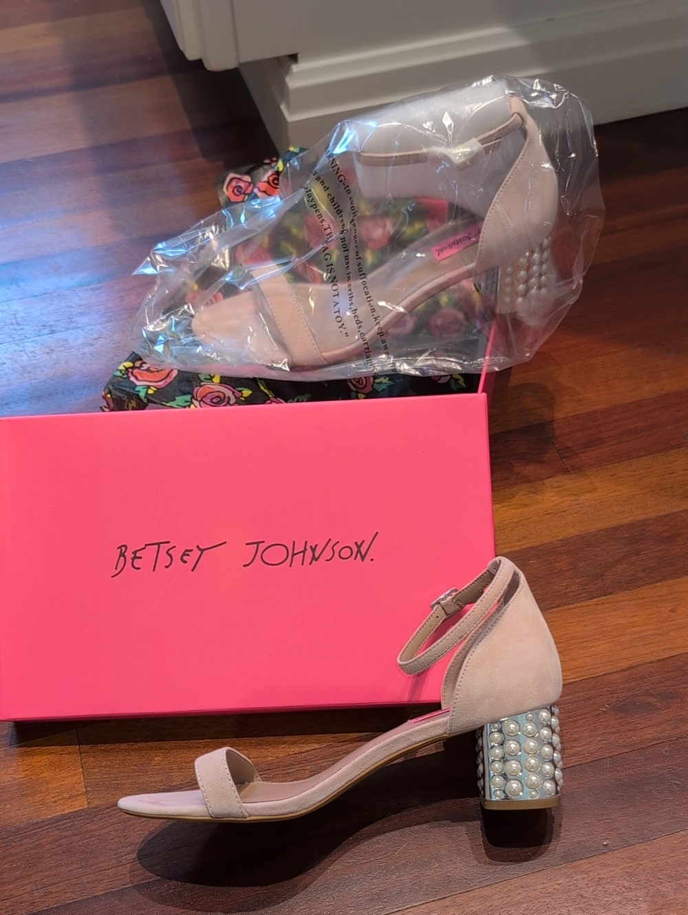 Betsey Johnson Blush Pink Pearl-Embellished Block Heel Sandals